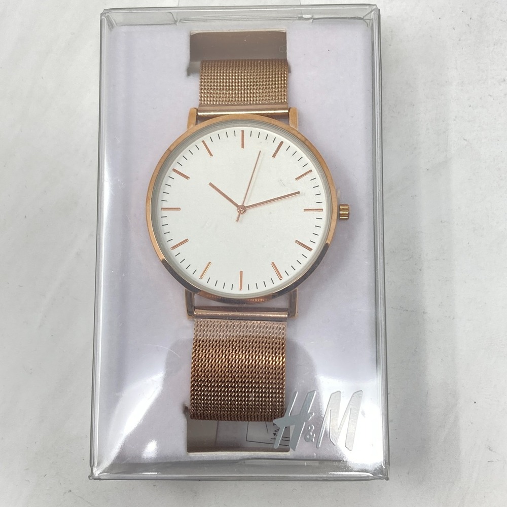 H&M Mens Watch 41mm Rose Gold Tone Mesh Band NEW In Box Modern